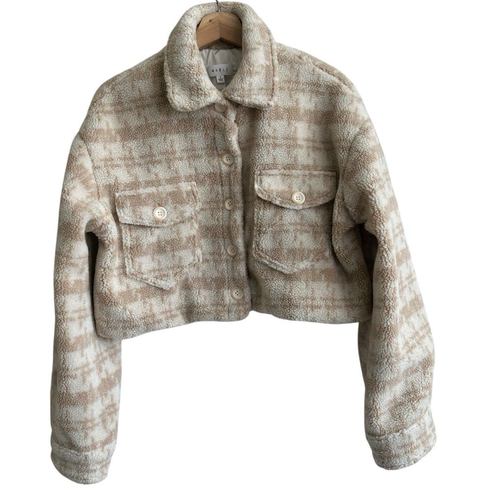 Mable Fuzzy Textured brown Plaid Crop Button Down Jacket S